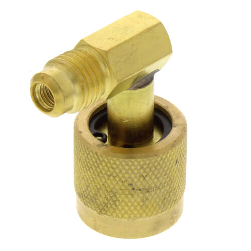 Main product image of 90° 1/4" Female Flare Retainer x 1/4" Male Flare Hose Gas Retaining Coupler
