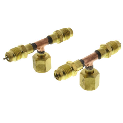 Main product image of 1/4" M. Flare with Valve Core x 1/4" M. Flare x 1/4" F. Flare Nut w/ Depressor Tip on the Branch Tee Connector (2 Pack 