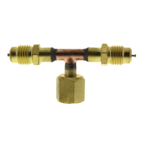 Main product image of 1/4" M. Flare with Valve Core x 1/4" M. Flare x 1/4" F. Flare Nut w/ Depressor Tip on the Branch Tee Connector (2 Pack 