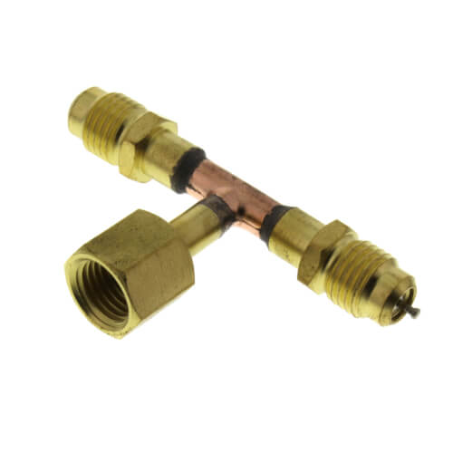 Main product image of 1/4" M. Flare with Valve Core x 1/4" M. Flare x 1/4" F. Flare Nut w/ Depressor Tip on the Branch Tee Connector (2 Pack 