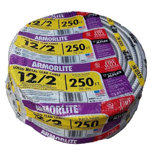 Main product image of 250' 12-2 AWG SOL Aluminum Armored Armorlite MC Cable, THHN/THWN, 2C (Natural)
