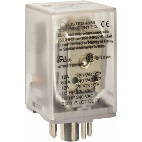Main product image of 11 Pins, 1 hp at 277v & 1/3 hp at 120v, 3 VA , Octal Elec. Mech. Plug-in General Purpose Relay 10 Amp at 250 VAC, 3PDT, 24 VDC, 34.9mm x 50.3mm x 35.4mm, 8501KPDR13V53