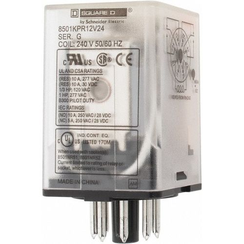 Main product image of 8 Pins, 1 hp at 277v & 1/3 hp at 120v, 3 VA , Octal Elec. Mech. Plug-in General Purpose Relay 10 Amp at 250 VAC, DPDT, 240 VAC at 50/60 Hz 8501KPR12V24