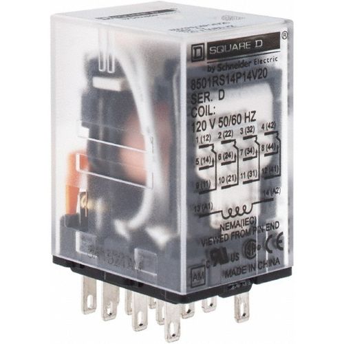 Main product image of 1/6 hp at 120/240v, Electromechanical Plug-in General Purpose Relay 5 Amp at 240 VAC, 4PDT, 120 VAC at 50/60 Hz, 8501RS14P14V20