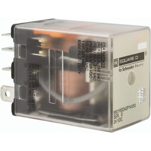 Main product image of Electromechanical Plug-in General Purpose Relay 10 Amp at 240 VAC, DPDT, 24 VDC, 8501RSD42P14V53