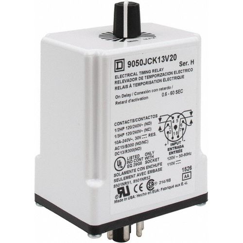 Main product image of 8 Pin, 1 min Delay, Multiple Range DPDT Time Delay Relay 10 Contact Amp, 110 VDC & 120 VAC, 9050JCK13V20