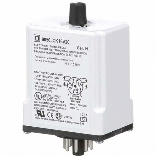 Main product image of 8 Pin, 10 min Delay, DPDT Time Delay Relay 10 Contact Amp, 110 VDC & 120 VAC, 9050JCK16V20