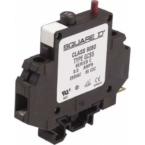 Main product image of 0.50 Amp, 250 VAC, 65 VDC, 1 Pole, DIN Rail Mount Circuit Protector Thermal Magnetic Trip, 16-10 AWG, 64mm x 80mm, 9080GCB05