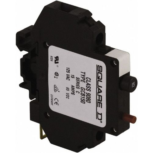 Main product image of 15 Amp, 125 VAC, 65 VDC, 1 Pole, DIN Rail Mount Circuit Protector Thermal Magnetic Trip, 16-10 AWG, 64mm x 80mm, 9080GCB150