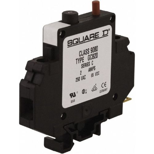 Main product image of 2 Amp, 250 VAC, 65 VDC, 1 Pole, DIN Rail Mount Circuit Protector Thermal Magnetic Trip, 16-10 AWG, 64mm x 80mm, 9080GCB20