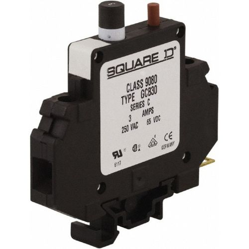 Main product image of 3 Amp, 250 VAC, 65 VDC, 1 Pole, DIN Rail Mount Circuit Protector Thermal Magnetic Trip, 16-10 AWG, 64mm x 80mm, 9080GCB30
