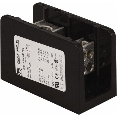 Main product image of 1 Pole, 270 Al, 335 (Copper) Amp, Phenolic Power Distribution Block 600 VAC, 1 Primary Connection, 9080LBA163106