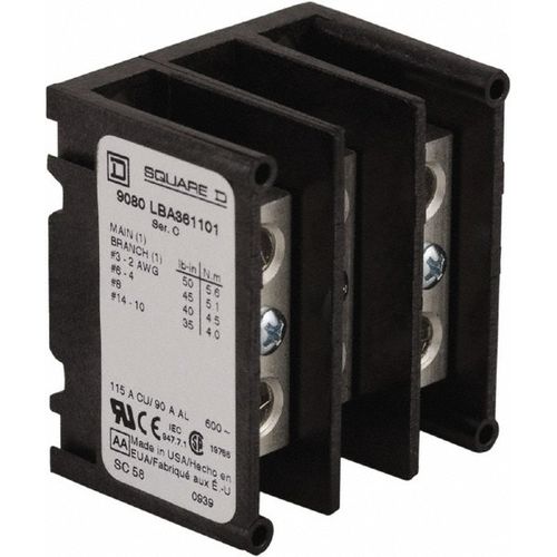 Main product image of 3 Poles, 115 (Copper), 90 Al Amp, Thermoplastic Power Distribution Block 600 VAC, 1 Primary Connection, 9080LBA361101