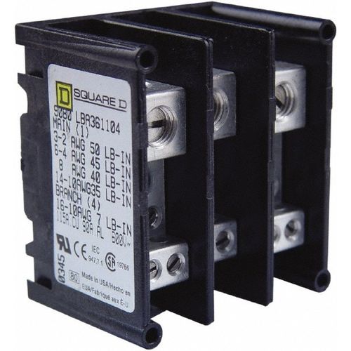 Main product image of 3 Poles, 115 (Copper), 90 Al Amp, Thermoplastic Power Distribution Block 600 VAC, 1 Primary Connection, 9080LBA361104