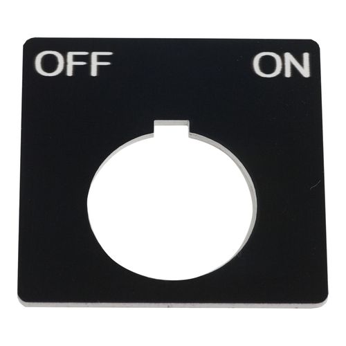 Main product image of 2-1/4" Square Plastic Legend Plate, Off-On, White Letters, 1.2" Hole Dia. (Black), 9001KN144BP