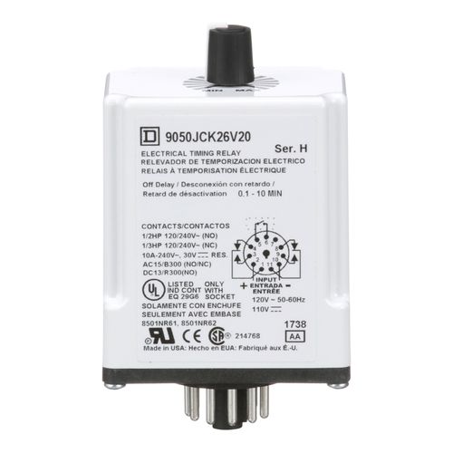 Main product image of DPDT Time Delay Relay (0.1-10 Min Delay, 10A Contact, 110VDC/120VAC), 9050JCK26V20