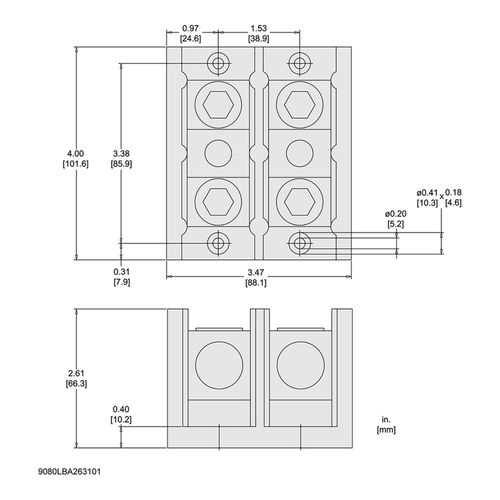 Main product image of 2 Pole Phenolic Power Distribution Block (250A Aluminum, 310A Copper, 600VAC, 1 Primary Connection), 9080LBA263101