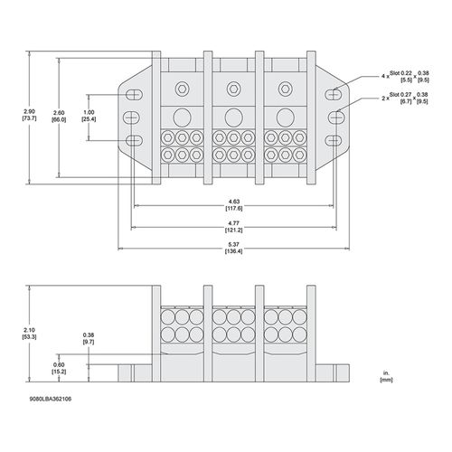 Main product image of 3 Pole Phenolic Power Distribution Block (135A Aluminum, 175A Copper, 600VAC, 1 Primary Connection), 9080LBA362106