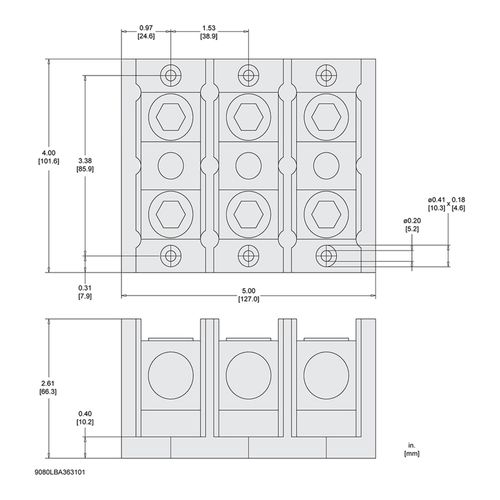 Main product image of 3 Pole Phenolic Power Distribution Block (250A Aluminum, 310A Copper, 600VAC, 1 Primary Connection), 9080LBA363101