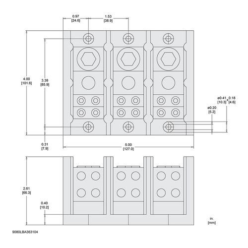 Main product image of 3 Pole Phenolic Power Distribution Block (270A Aluminum, 335A Copper, 600VAC, 1 Primary Connection), 9080LBA363104