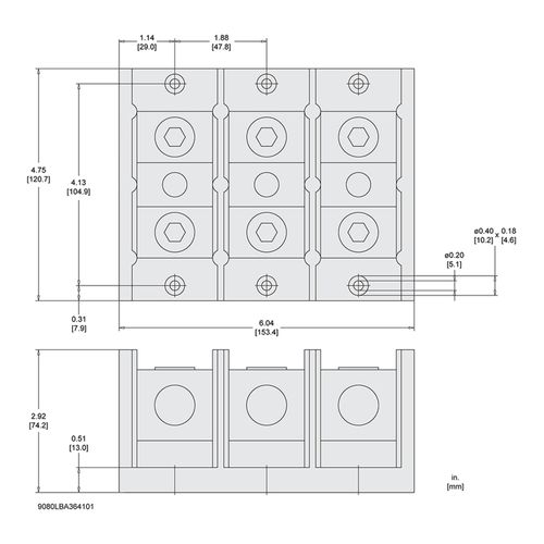 Main product image of 3 Pole Phenolic Power Distribution Block (340A Aluminum, 420A Copper, 600VAC, 1 Primary Connection), 9080LBA364101