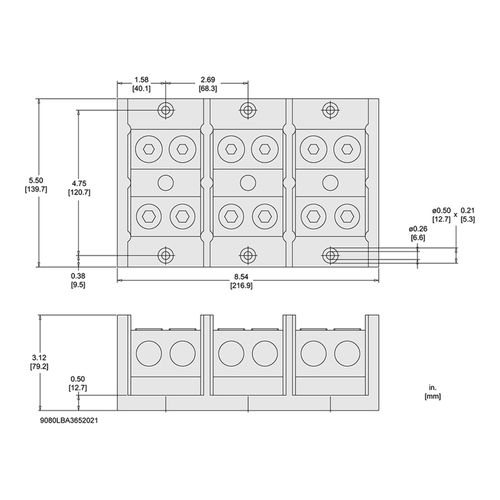 Main product image of 3 Pole Phenolic Power Distribution Block (620A Aluminum, 760A Copper, 600VAC, 2 Primary Connection), 9080LBA3652021