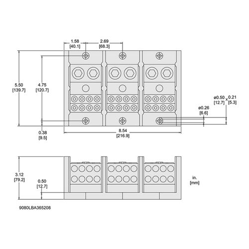 Main product image of 3 Pole Phenolic Power Distribution Block (620A Aluminum, 760A Copper, 600VAC, 2 Primary Connection), 9080LBA365208