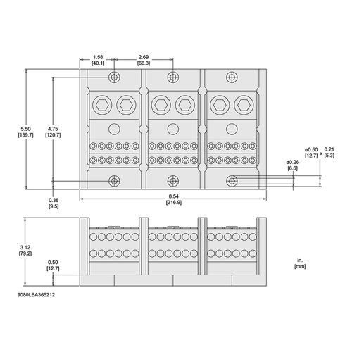 Main product image of 3 Pole Phenolic Power Distribution Block (620A Aluminum, 760A Copper, 600VAC, 2 Primary Connection), 9080LBA365212