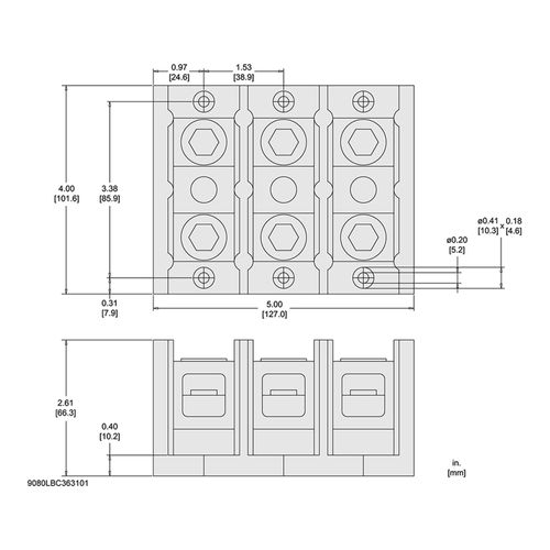 Main product image of 3 Pole Phenolic Power Distribution Block (255A Copper, 600VAC, 1 Primary Connection), 9080LBC363101