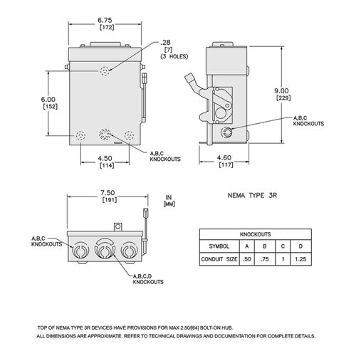 Main product image of 30A Fusible General Duty Saftey Switch, 2 Pole, NEMA 3R Enclosure w/ Bolt on Hub Provision & Neutral (120/240VAC), D211NRB