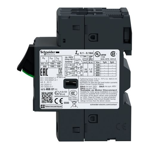 Main product image of 0.25 Amp 690 VAC 50/60 Hz 3-Pole Bolt-On Clip Thermal Magnetic Trip Motor Circuit Breaker, 78mm Deep x 89mm High x 45mm Wide, GV2ME02