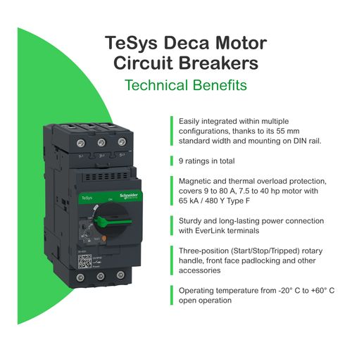 Main product image of 40 Amp 690 VAC 50/60 Hz 3-Pole Bolt-On Clip Thermal Magnetic Trip Motor Circuit Breaker With 9-13A Adjustable Range, 136mm Deep x 132mm High x 55mm Wide, GV3P13