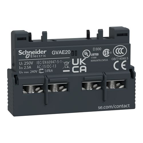 Main product image of Circuit Breaker Auxiliary Contact Block For GV2L, GV2LE, GV2ME, GV2P, GV2RT, GV3L, GV3P, LS1D32 And TeSys, GVAE20