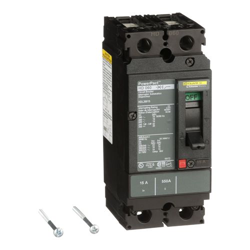 Main product image of 2 Pole Panel Mount Molded Case Circuit Breaker, Thermal Magnetic Trip (15A, 250VDC/600VAC), HDL26015