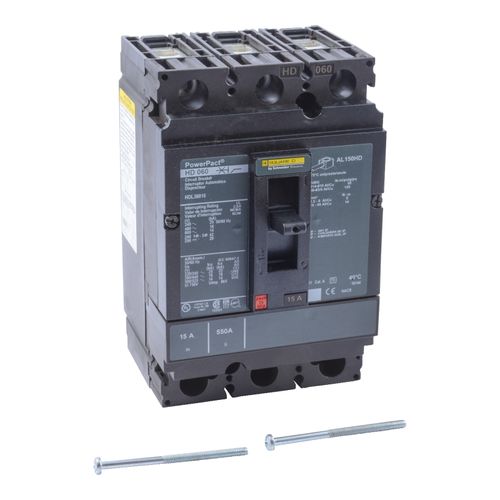Main product image of 3 Pole Panel Mount Molded Case Circuit Breaker, Thermal Magnetic Trip (15A, 250VDC/600VAC), HDL36015