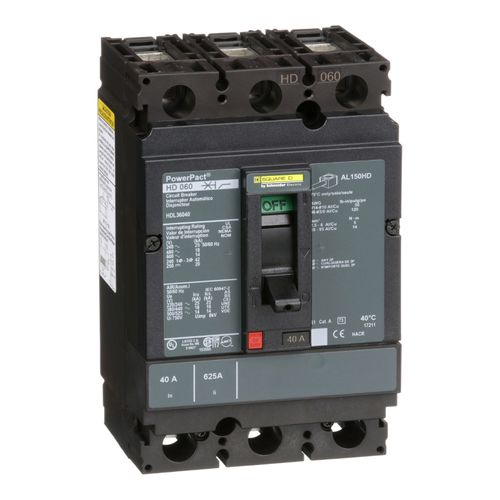 Main product image of 3 Pole Panel Mount Molded Case Circuit Breaker, Thermal Magnetic Trip (40A, 250VDC/600VAC), HDL36040