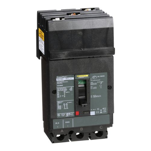 Main product image of 3 Pole Plug In Molded Case Circuit Breaker, Thermal Magnetic Trip (20A, 600VAC), HGA36020