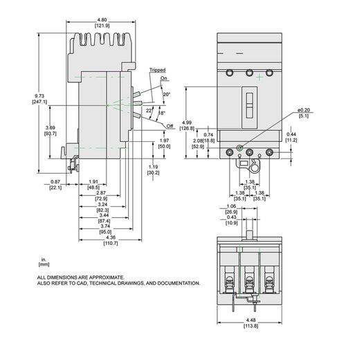 Main product image of 3 Pole Plug In Molded Case Circuit Breaker, Thermal Magnetic Trip (20A, 600VAC), HGA36020