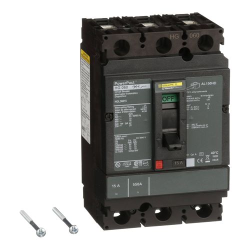Main product image of 3 Pole Panel Mount Molded Case Circuit Breaker, Thermal Magnetic Trip (15A, 250VDC/600VAC), HGL36015