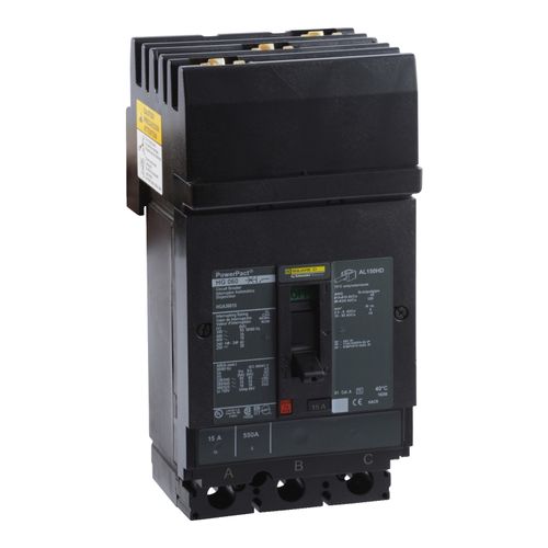 Main product image of 3 Pole Panel Mount Molded Case Circuit Breaker, Thermal Magnetic Trip (15A, 250VDC/600VAC), HGL36015