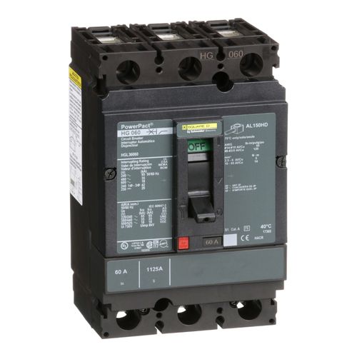 Main product image of 3 Pole Panel Mount Molded Case Circuit Breaker, Thermal Magnetic Trip (60A, 250VDC/600VAC), HGL36060