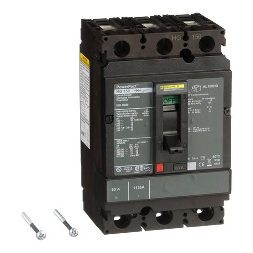 Main product image of 3 Pole Panel Mount Molded Case Circuit Breaker, Thermal Magnetic Trip (80A, 250VDC/600VAC), HGL36080