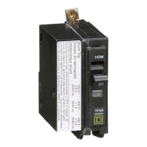 Main product image of Single Pole Bolt On Miniature Circuit Breaker, AC Shunt Trip (20A, 120/240VAC, 10kA), QOB1201021