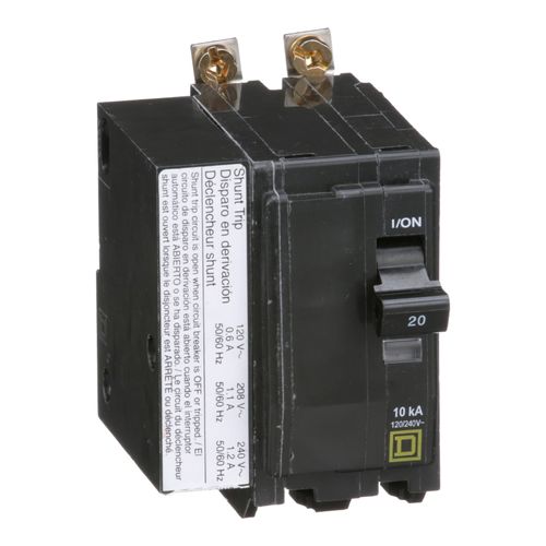 Main product image of 2 Pole Bolt On Miniature Circuit Breaker, AC Shunt Trip (20A, 120/240VAC, 10kA), QOB2201021