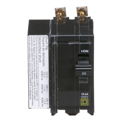 Main product image of 2 Pole Bolt On Miniature Circuit Breaker, AC Shunt Trip (20A, 120/240VAC, 10kA), QOB2201021