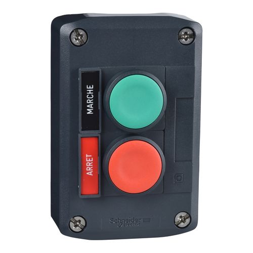Main product image of Momentary NO/NC 2-Operator Flush Push Button, Marche & Arret Legend, NEMA 1, 3, 3R, 4, 12 & 13 Push-Button Control Station (Green & Red), XALACS2