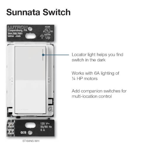 Main product image of Sunnata On/Off Switch, 6A Lighting or 3A 1/10HP Motor, Single Pole/Multi-Location, ST-6ANS-WH, White