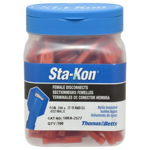 Main product image of Female Wire Disconnect, Red, Nylon, 22-18 AWG, 1/4" Tab (Pack of 100), 18RA-2577C
