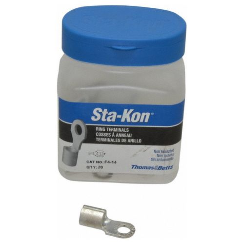Main product image of Round Ring Terminal, Non-Insulated, 4 AWG, Crimp 1.16" Long, 0.48" Wide, Yellow (Pack of 20), F4-14