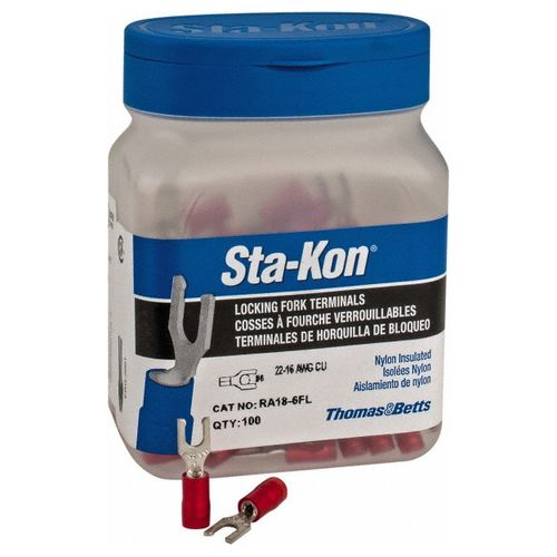 Main product image of Locking Fork Terminal, Red, Nylon, Partially Insulated, #6 Stud, Crimp 600V (Pack of 100), RA18-6FL
